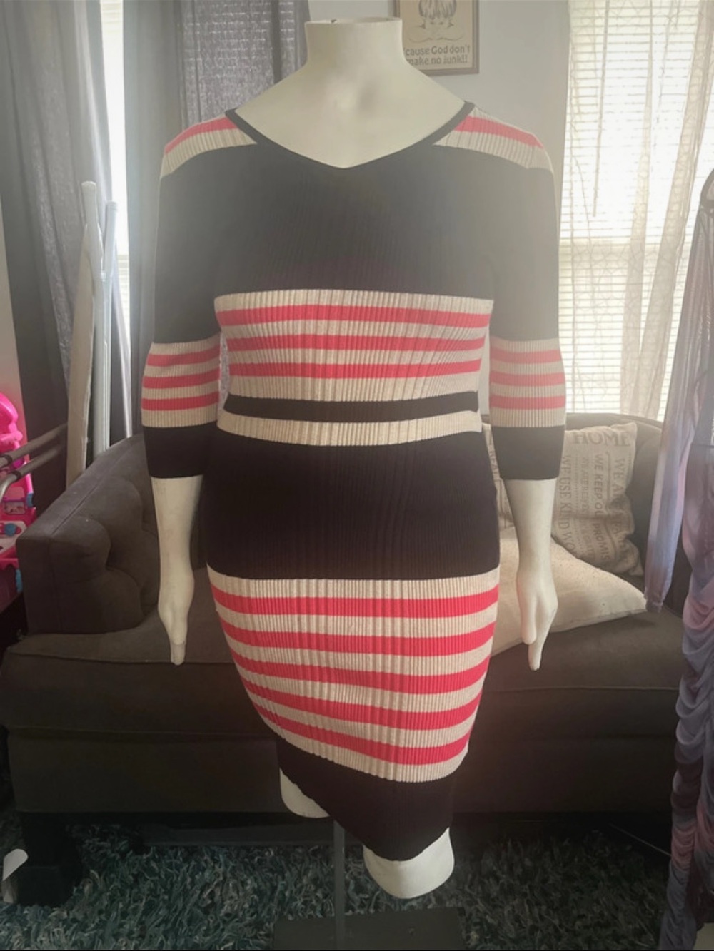 Pink Rose Striped Knit Midi Dress with V-Neck and Crisscross back- Black & Pink